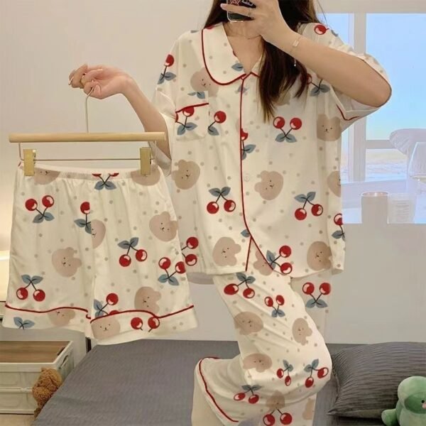 Summer Three-piece Set Cardigan Pajamas Women's Short Sleeve Spring And Autumn Thin